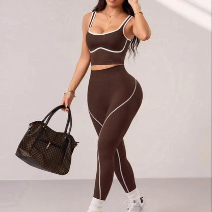 2PCS Seamless Gym Outfit Sets Women Contrast Binding Yoga Crop Top Scrunch Butt Leggings Elastic Sportswear Running Training