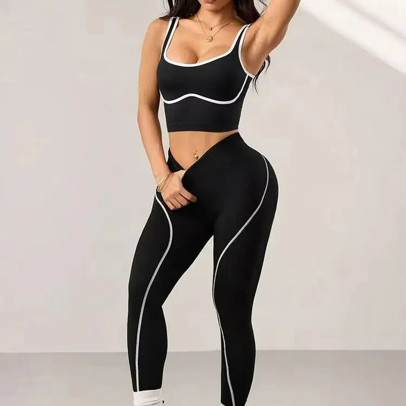 2PCS Seamless Gym Outfit Sets Women Contrast Binding Yoga Crop Top Scrunch Butt Leggings Elastic Sportswear Running Training