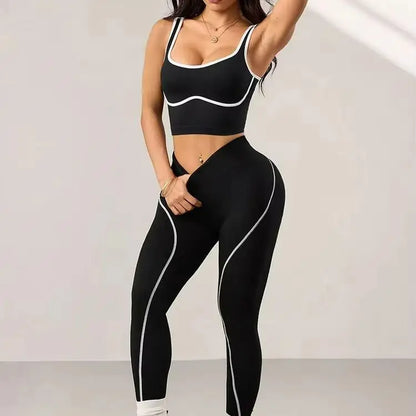 2PCS Seamless Gym Outfit Sets Women Contrast Binding Yoga Crop Top Scrunch Butt Leggings Elastic Sportswear Running Training