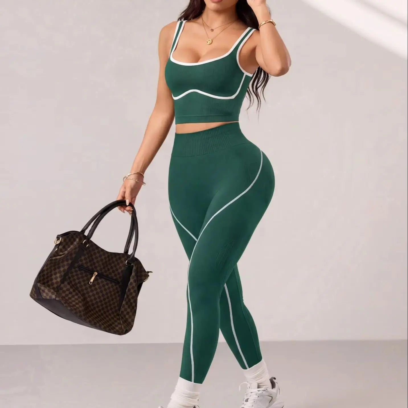 2PCS Seamless Gym Outfit Sets Women Contrast Binding Yoga Crop Top Scrunch Butt Leggings Elastic Sportswear Running Training