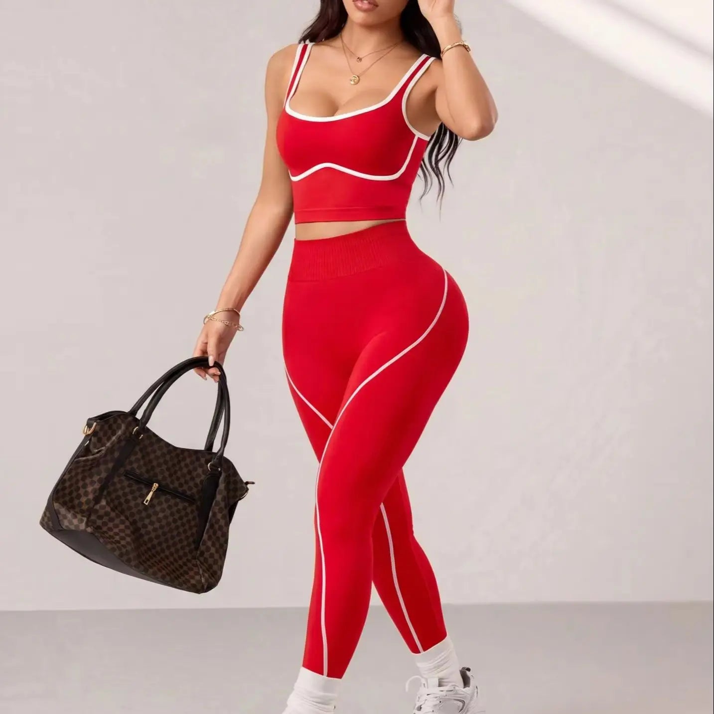 2PCS Seamless Gym Outfit Sets Women Contrast Binding Yoga Crop Top Scrunch Butt Leggings Elastic Sportswear Running Training
