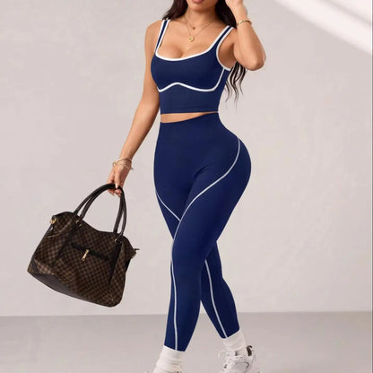 2PCS Seamless Gym Outfit Sets Women Contrast Binding Yoga Crop Top Scrunch Butt Leggings Elastic Sportswear Running Training